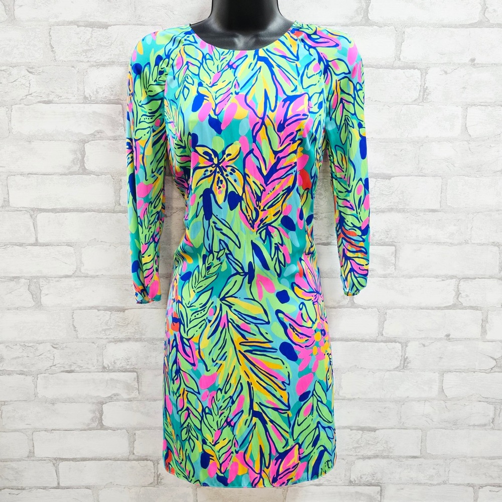 Lilly Pulitzer Women‎ Turquoise Pink Floral Leaf Print 3/4 Sleeve Shift Dress 2